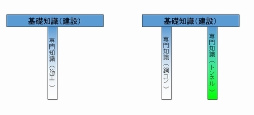 技術士の資質能力のイメージ、Ｔ型、Π型の業績のイメージ